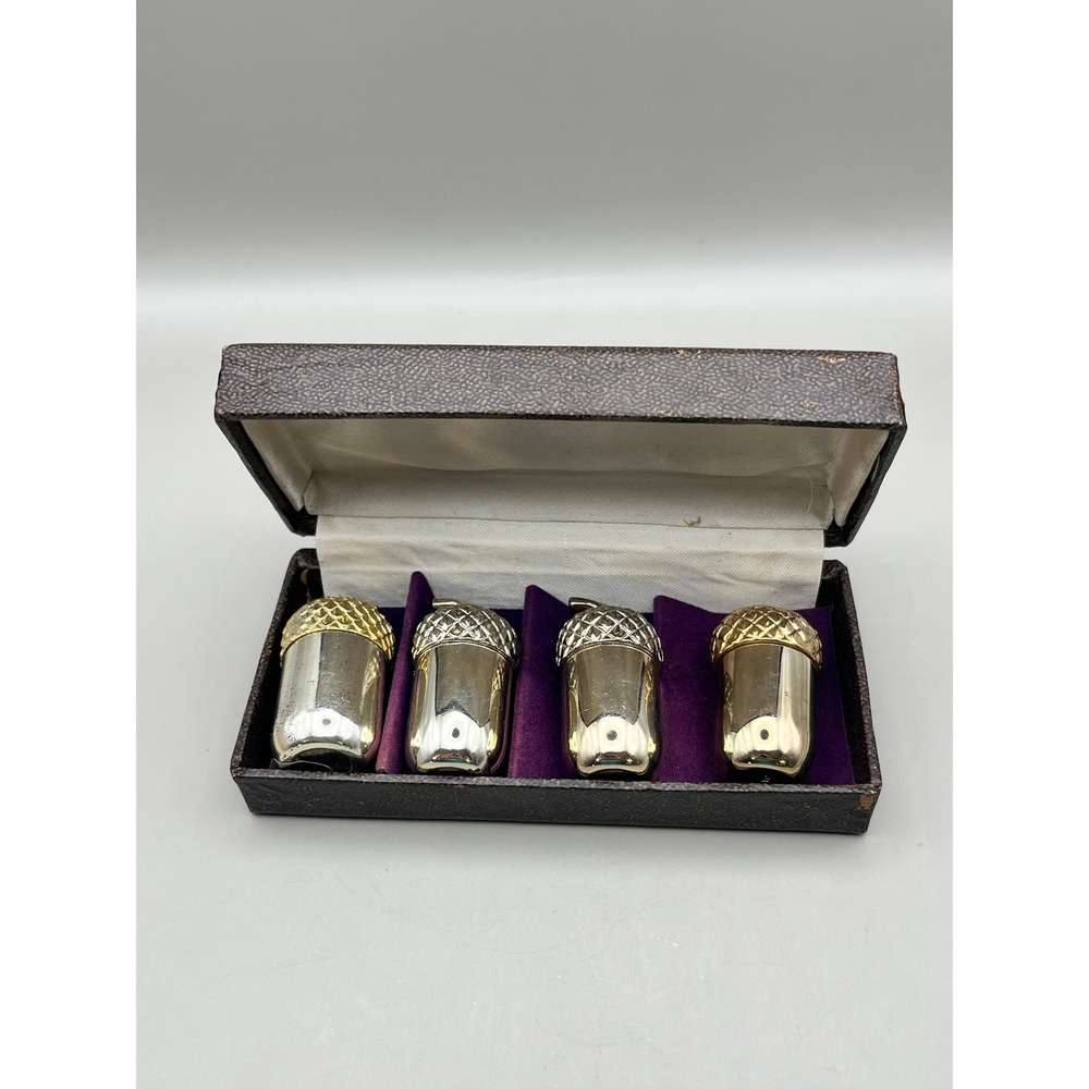 Vtg Acorn Salt Pepper Shakers Set of 4 Japan Silver Gold Tone with Box‎ As Is